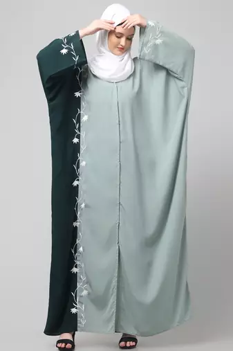 embroidery at fron and sleeves contrast front open kaftan abaya with  hijab
