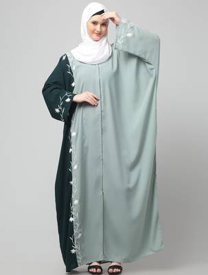 embroidery at fron and sleeves contrast front open kaftan abaya with  hijab 4