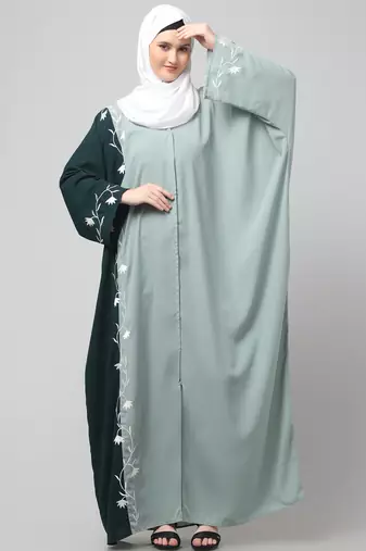 embroidery at fron and sleeves contrast front open kaftan abaya with  hijab