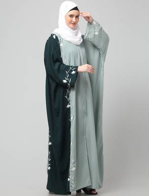 embroidery at fron and sleeves contrast front open kaftan abaya with  hijab 5
