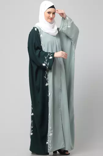 embroidery at fron and sleeves contrast front open kaftan abaya with  hijab