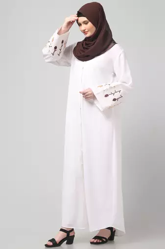 embroidery at sleeve 2 side pocket front open abaya