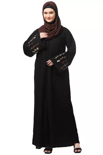 embroidery at sleeve 2 side pocket front open abaya