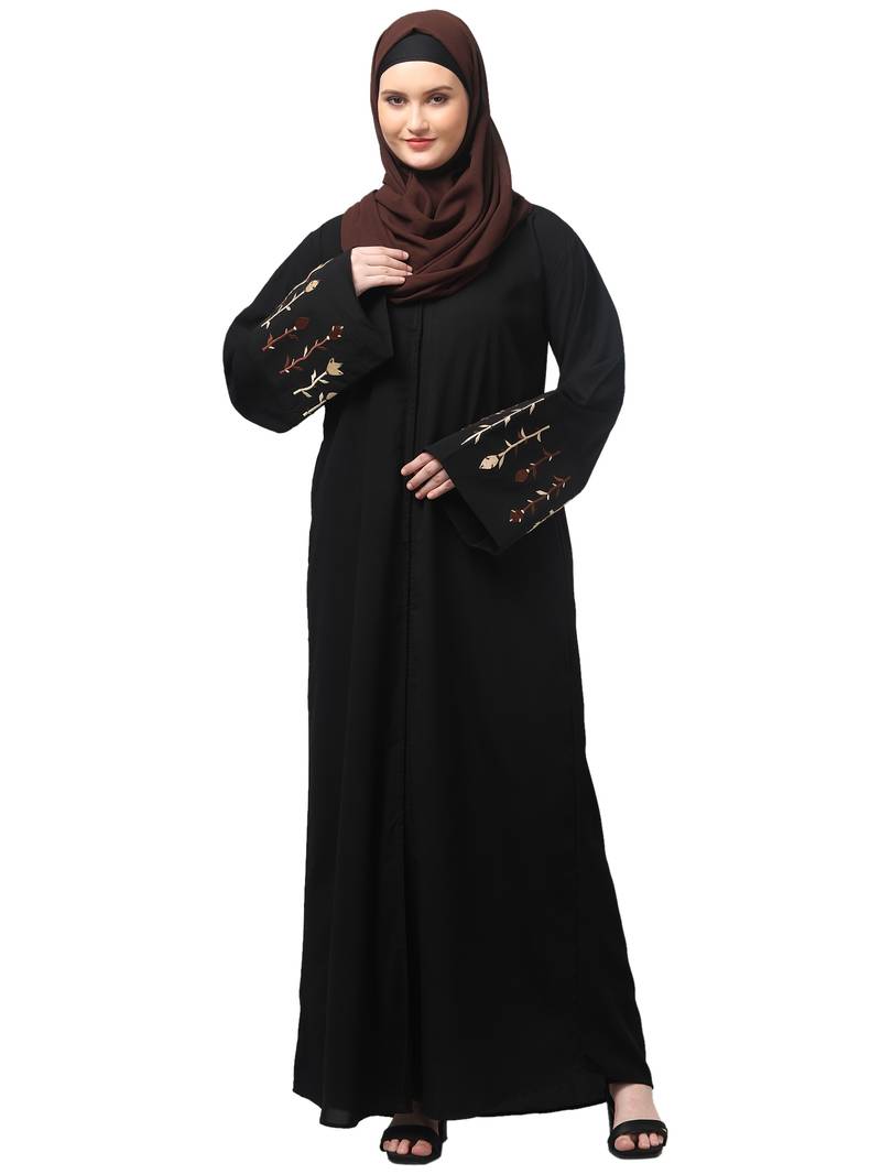 embroidery at sleeve 2 side pocket front open abaya