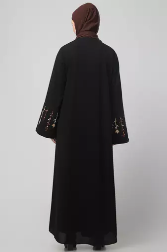 embroidery at sleeve 2 side pocket front open abaya