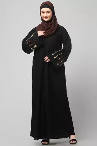 embroidery at sleeve 2 side pocket front open abaya