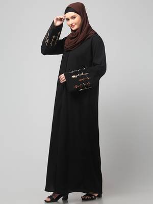 embroidery at sleeve 2 side pocket front open abaya 5