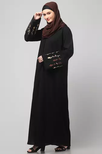 embroidery at sleeve 2 side pocket front open abaya