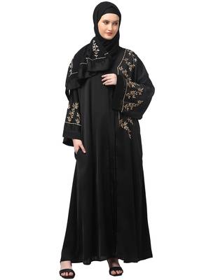 one side front sleeves and hijab embroidered front open abaya 1