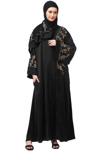 one side front sleeves and hijab embroidered front open abaya