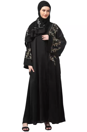 one side front sleeves and hijab embroidered front open abaya
