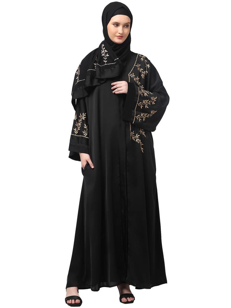 one side front sleeves and hijab embroidered front open abaya