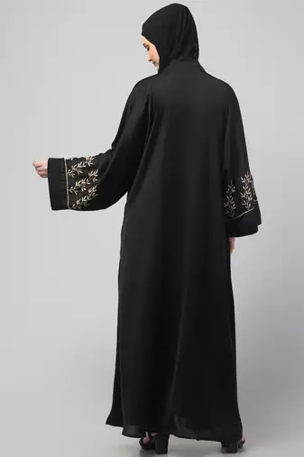 one side front sleeves and hijab embroidered front open abaya
