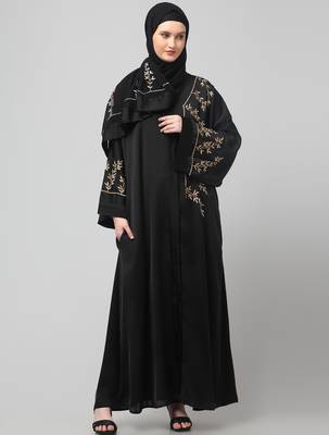 one side front sleeves and hijab embroidered front open abaya 3