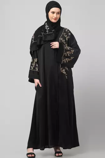 one side front sleeves and hijab embroidered front open abaya