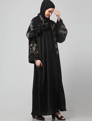 one side front sleeves and hijab embroidered front open abaya 4