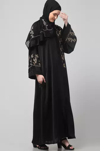 one side front sleeves and hijab embroidered front open abaya