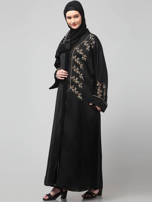 one side front sleeves and hijab embroidered front open abaya 5