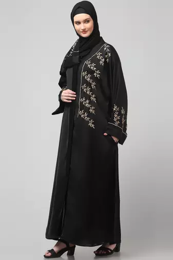 one side front sleeves and hijab embroidered front open abaya
