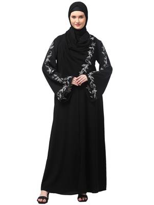 sleeve and hijab leaf embroidered front open abaya 1