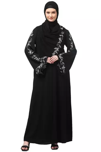 sleeve and hijab leaf embroidered front open abaya