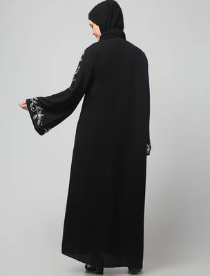 sleeve and hijab leaf embroidered front open abaya 2