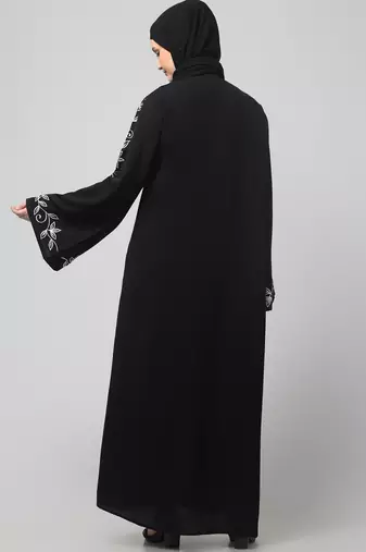 sleeve and hijab leaf embroidered front open abaya