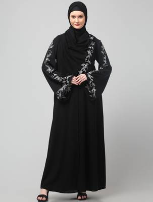 sleeve and hijab leaf embroidered front open abaya 3