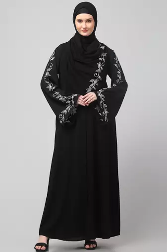 sleeve and hijab leaf embroidered front open abaya