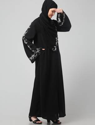 sleeve and hijab leaf embroidered front open abaya 4