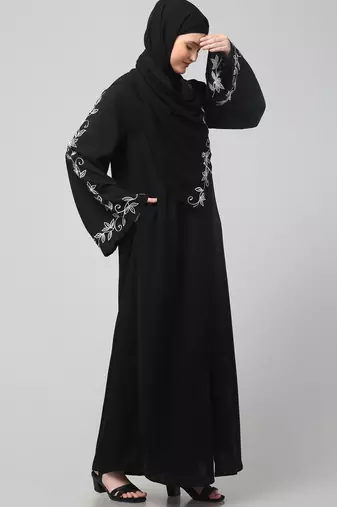 sleeve and hijab leaf embroidered front open abaya