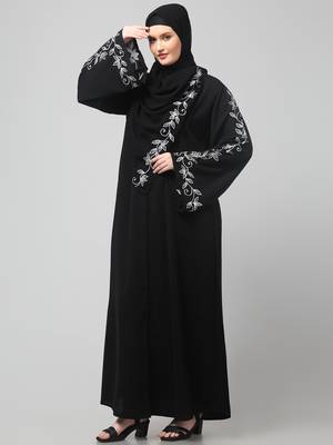 sleeve and hijab leaf embroidered front open abaya 5