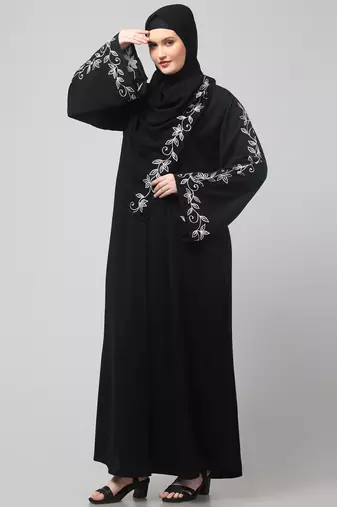 sleeve and hijab leaf embroidered front open abaya