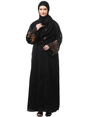 sleeve and hijab rose embroidered front open nida abaya 2