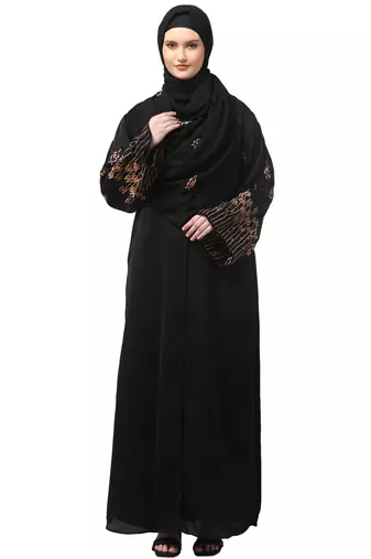 sleeve and hijab rose embroidered front open nida abaya