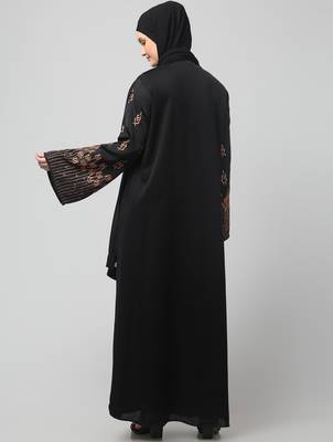 sleeve and hijab rose embroidered front open nida abaya 3