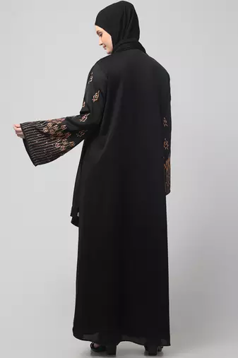 sleeve and hijab rose embroidered front open nida abaya