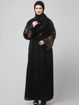sleeve and hijab rose embroidered front open nida abaya 1