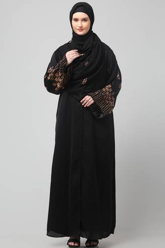 sleeve and hijab rose embroidered front open nida abaya