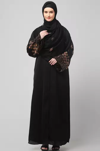 sleeve and hijab rose embroidered front open nida abaya