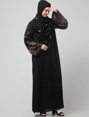 sleeve and hijab rose embroidered front open nida abaya 4