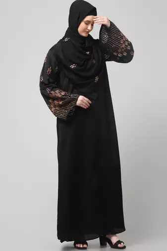 sleeve and hijab rose embroidered front open nida abaya