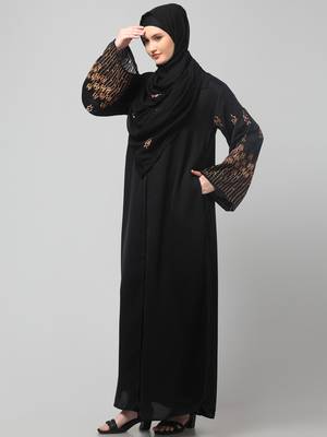 sleeve and hijab rose embroidered front open nida abaya 5