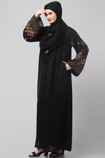 sleeve and hijab rose embroidered front open nida abaya