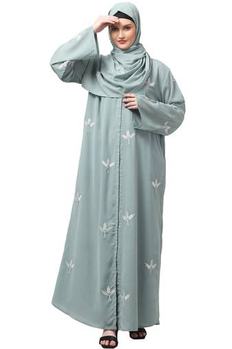 all over and hijab 3 leaf embroidery front open abaya