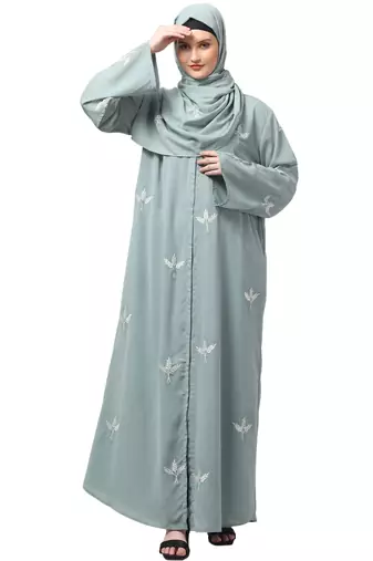 all over and hijab 3 leaf embroidery front open abaya