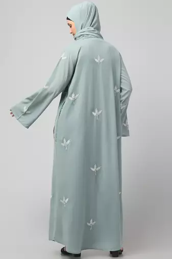 all over and hijab 3 leaf embroidery front open abaya