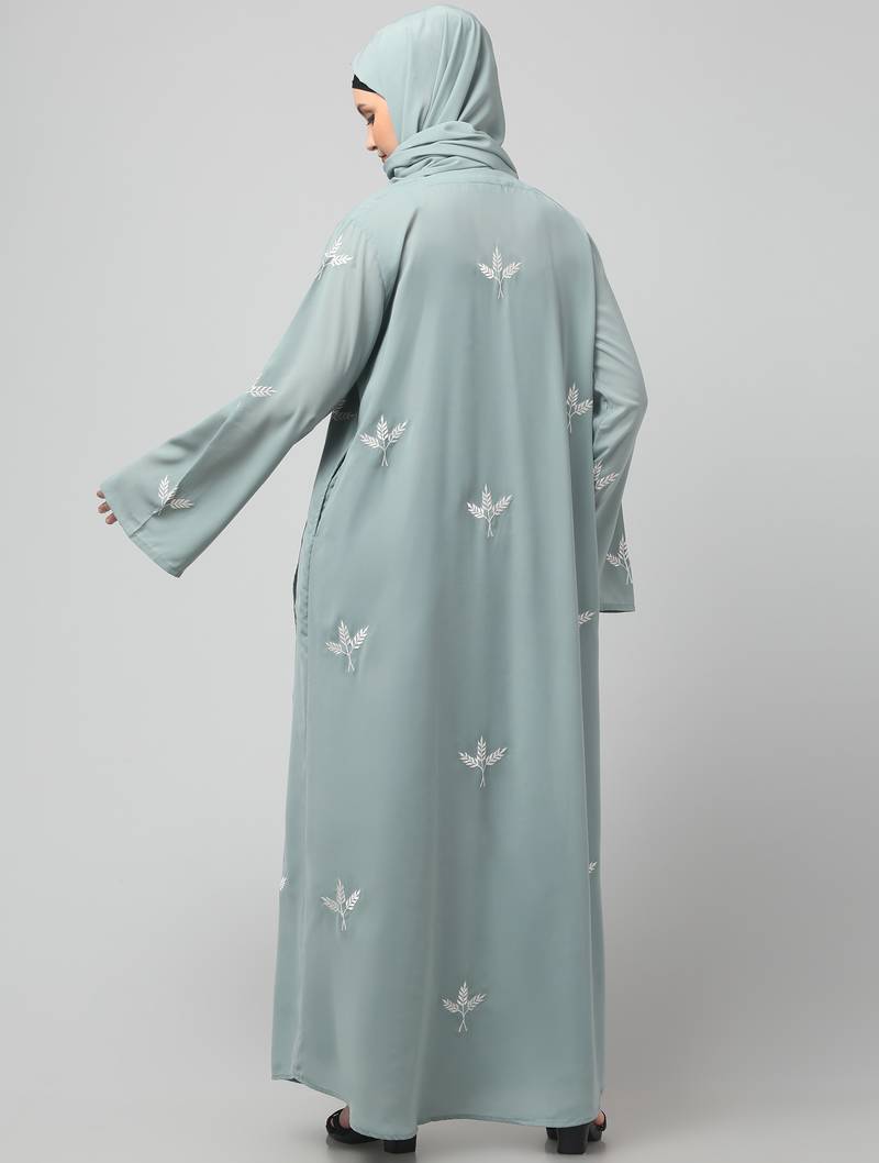 all over and hijab 3 leaf embroidery front open abaya