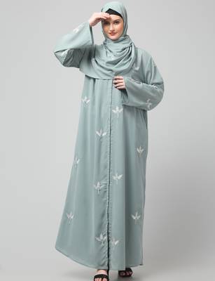 all over and hijab 3 leaf embroidery front open abaya 3