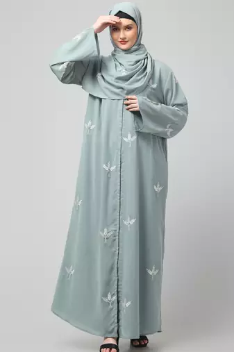 all over and hijab 3 leaf embroidery front open abaya
